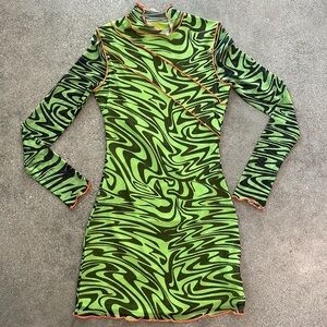 Green / black swirl mesh body con long sleeve mini dress with orange stitching